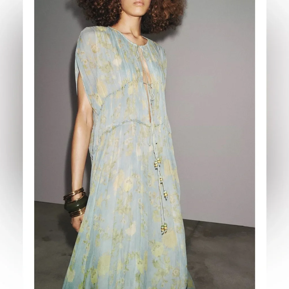 Bohemian Tie-Front Maxi Dress in Sage with Gold Floral - Picture 3 of 15